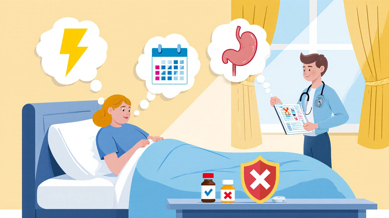 A UK doctor consults a patient, weighing pain intensity, duration, and risk with cartoon pills on the table.
