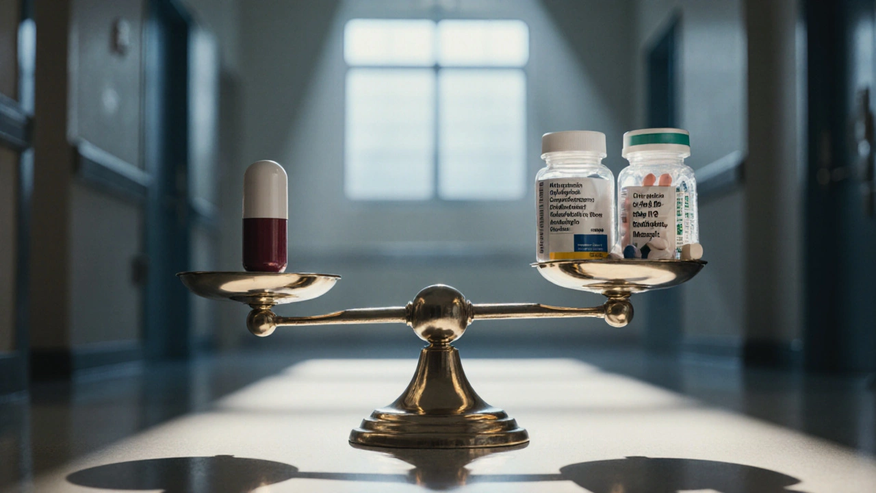 Balance scale with chloramphenicol capsule on one side and multiple alternative pills on the other.