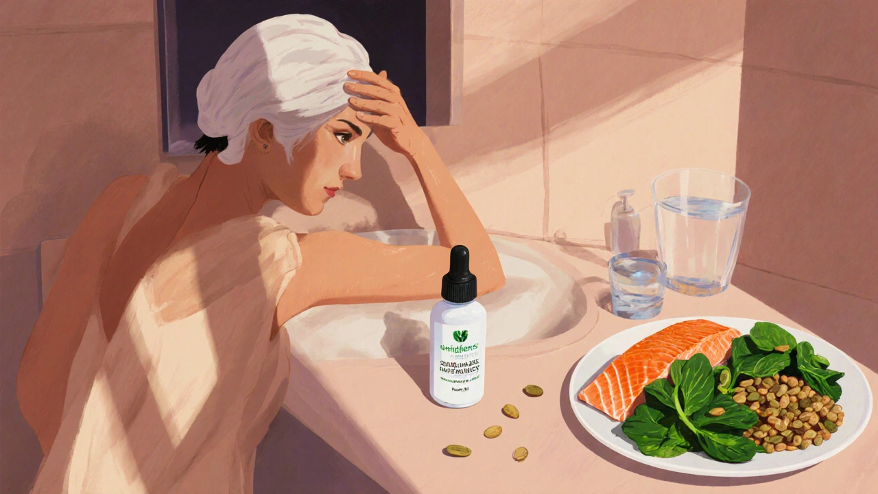 Bathroom scene with gentle shampooing, serum application, and nutritious foods nearby.