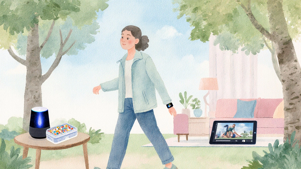 Caregiver walking in park while tech devices like a smartwatch and smart pill box are visible at home.
