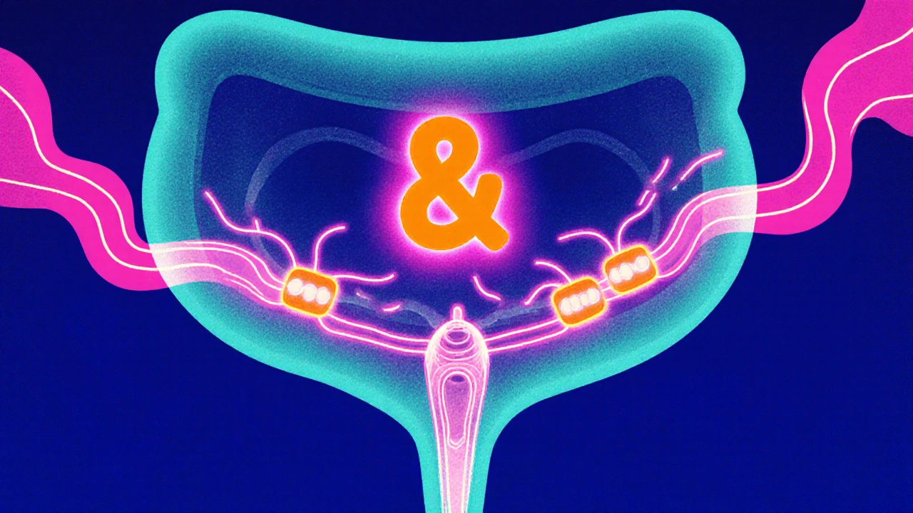 Cartoon bladder showing mirabegron activating beta‑3 receptors and relaxing muscle.