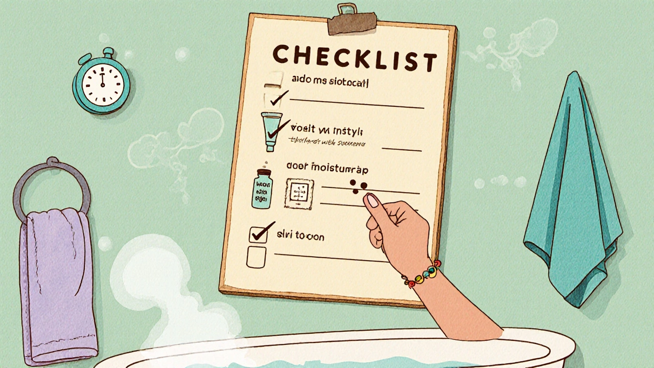 Cartoon checklist showing halobetasol, thin layer, moisturizer, SPF, and timer in a bathroom.