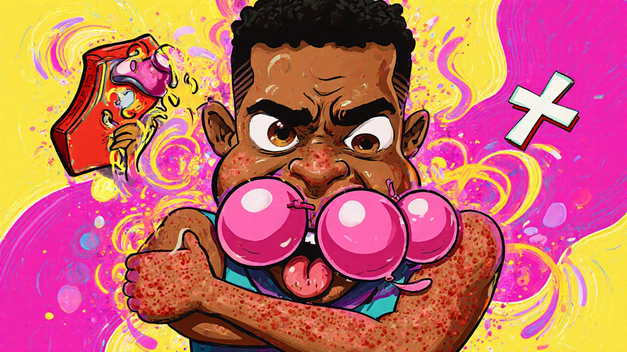 Cartoon figure with hives and swollen lips, surrounded by emergency symbols in vibrant style.