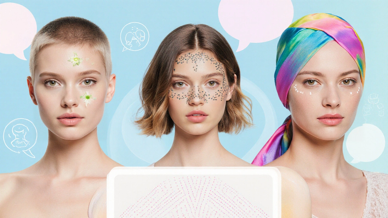 Collage of a pixie cut, a lace‑front wig, a silk scarf, and micropigmentation pattern.