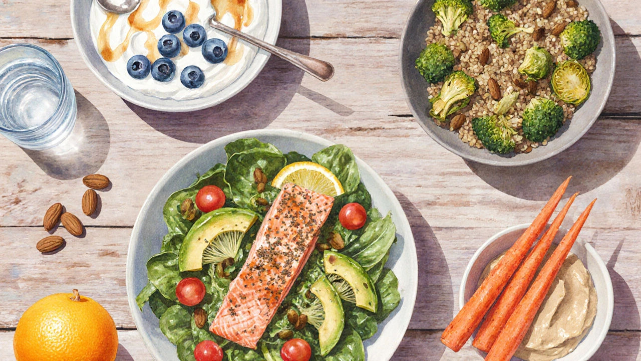 Colorful spread of breakfast, salad, and dinner featuring antioxidant foods.