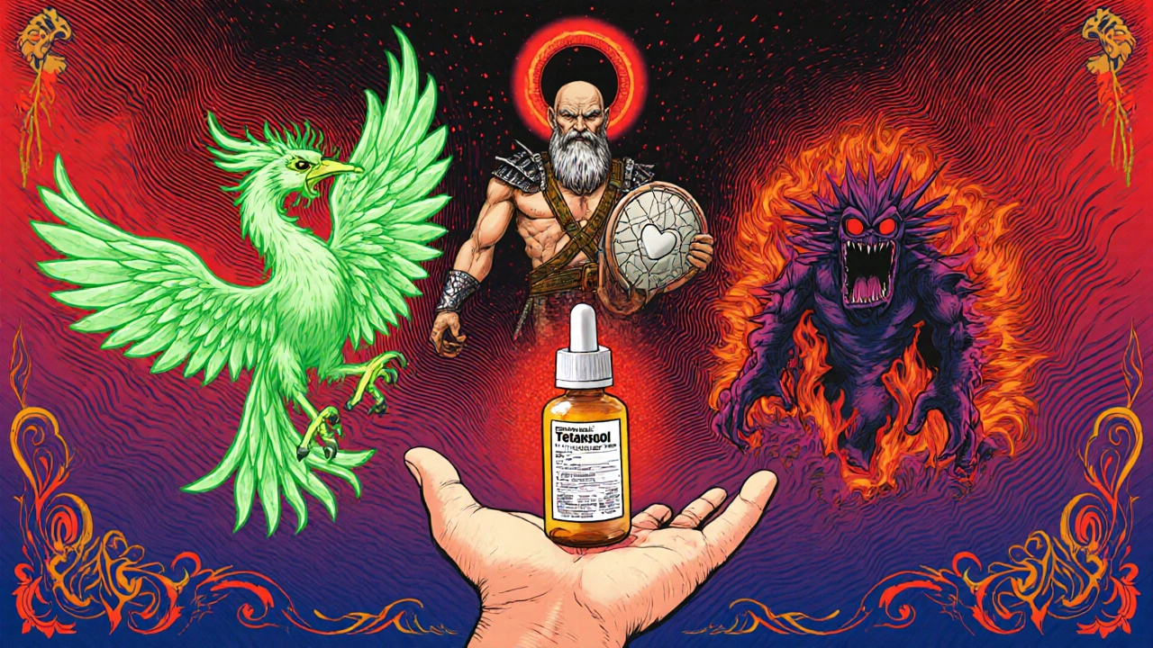 Comparative illustration of glaucoma eye drops as symbolic creatures above a patient&#039;s hand.