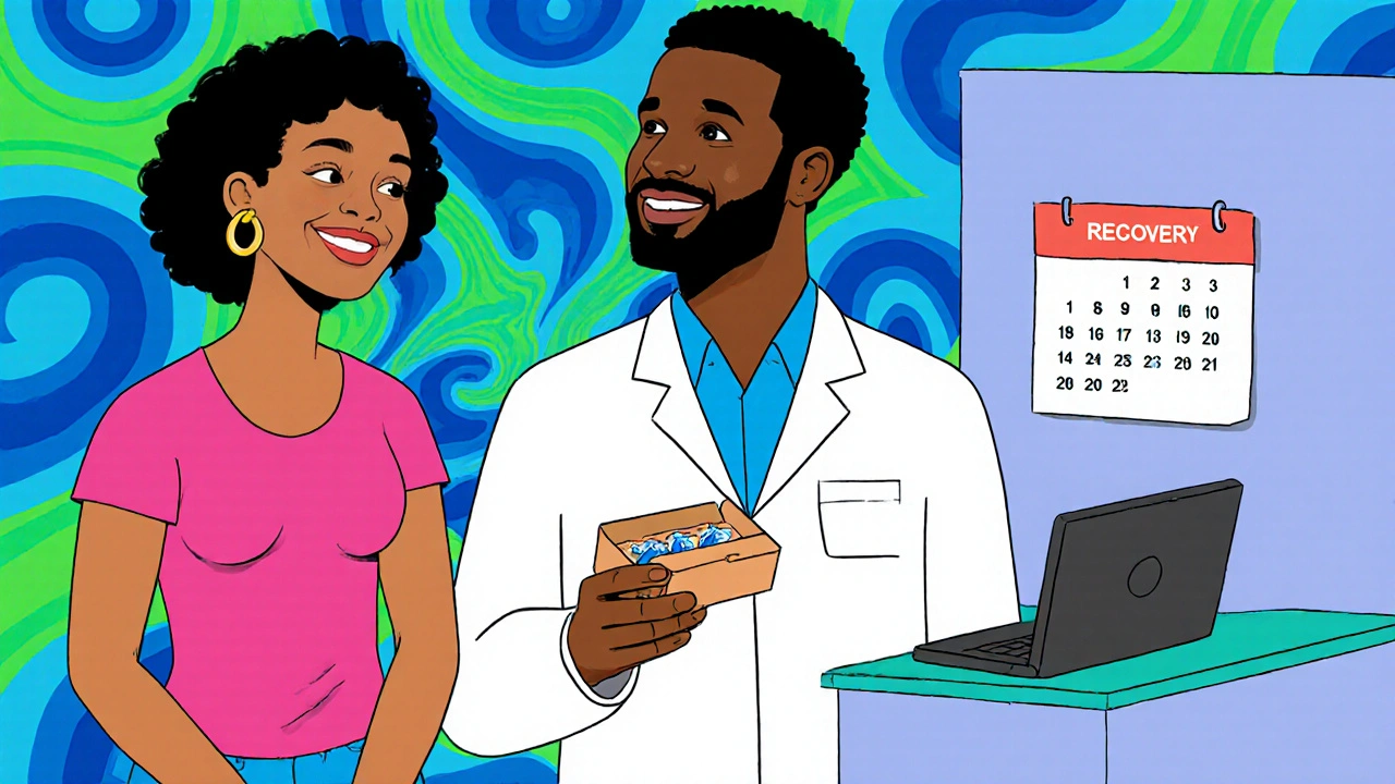 Couple at a clinic with a doctor, holding condoms, bright hopeful background.