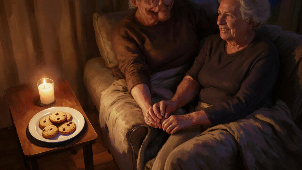 Couple sharing a hand massage and cookies by candlelight, celebrating intimacy.