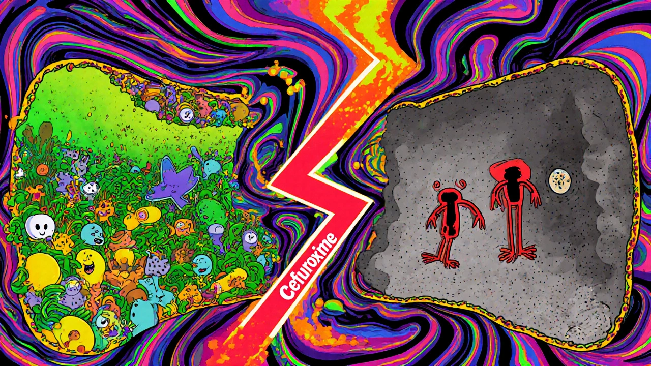 Cross‑section gut showing reduced microbes and overgrowth of harmful bacteria after antibiotics.
