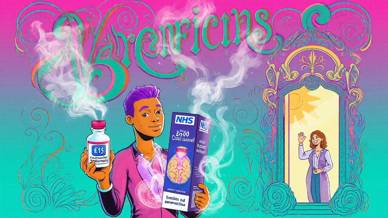 Cytisine bottle next to expensive varenicline box, both equally effective, with NHS counselor in background.