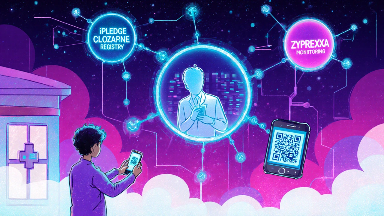 Digital REMS dashboard with glowing nodes and a patient scanning a QR code on a smartphone.