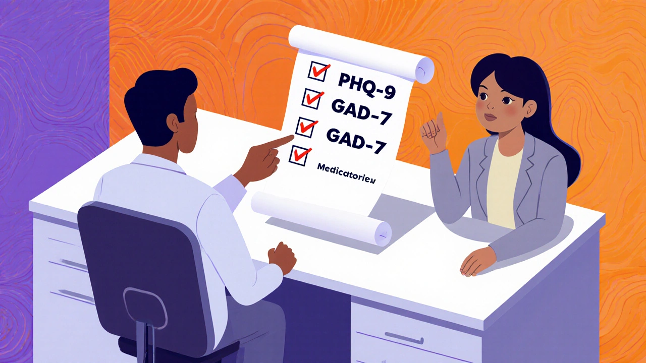 Doctor and patient discussing a mental‑health checklist during a check‑up.