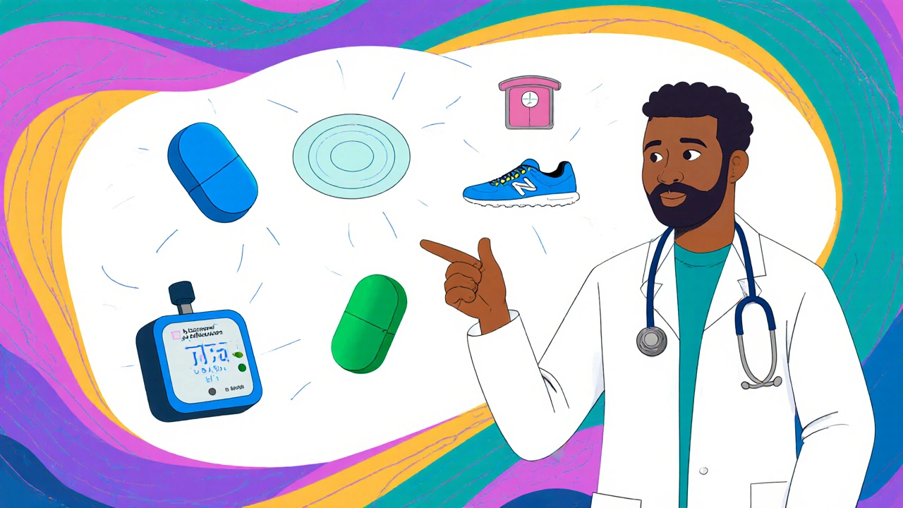 Doctor pointing to alternative pills and lifestyle icons in a colorful, flowing illustration.