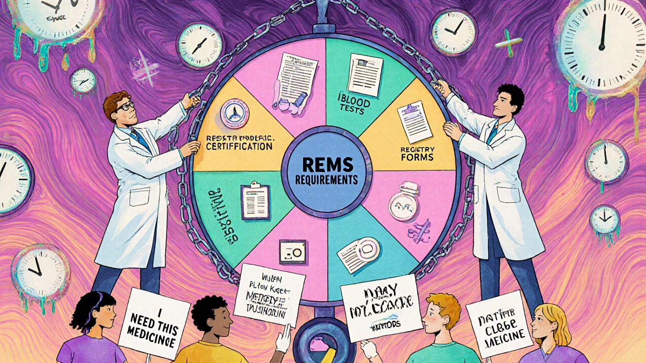 Doctors chained to a REMS requirements wheel while patients plead for medication in vibrant 60s style.