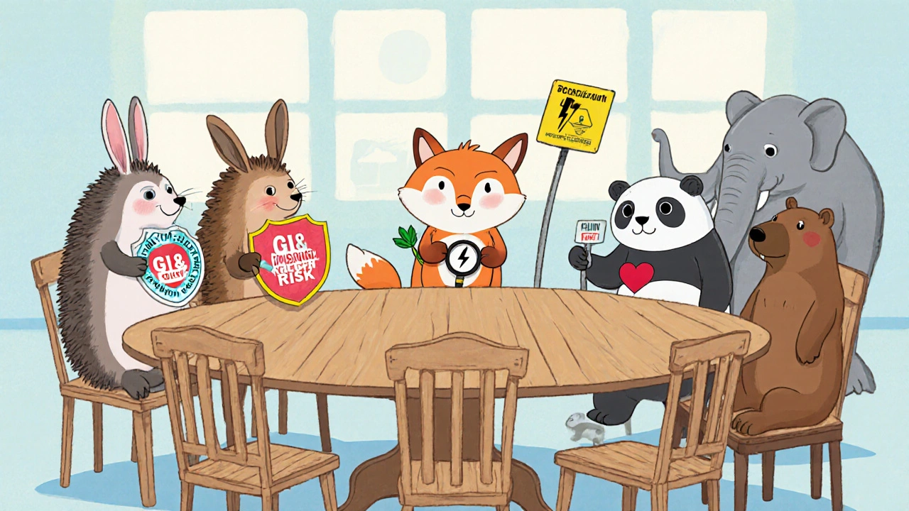 Eight cartoon drug characters sit at a table, each showing icons of their main side effects.
