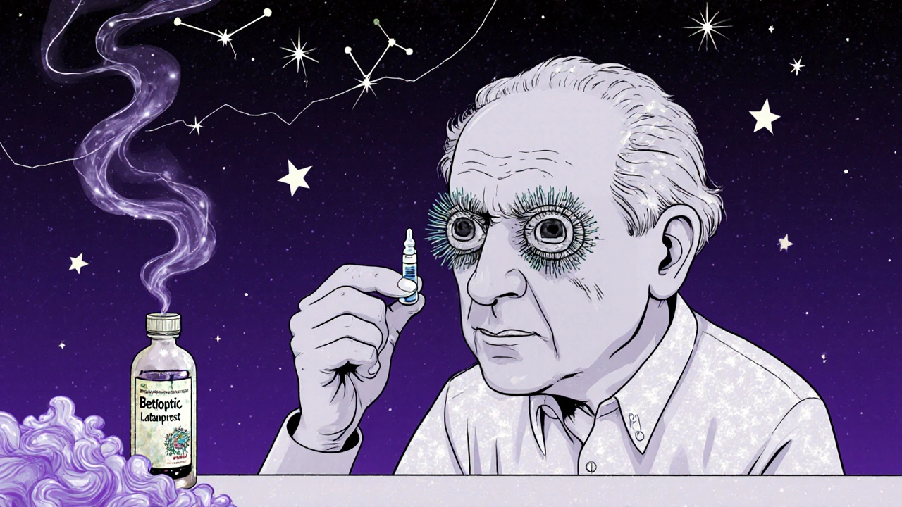 Elderly patient applying nighttime eye drop under cosmic sky with glowing eyelash vines.