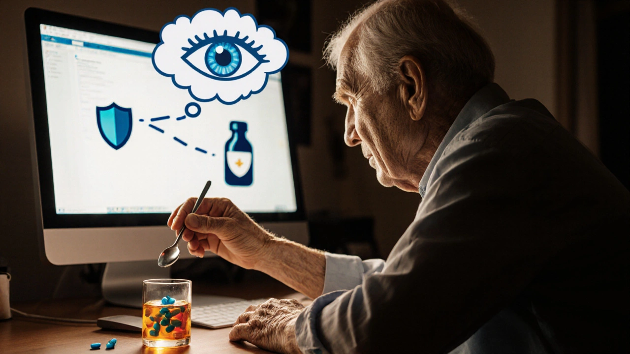 Elderly person choosing between liquid syrup and capsules for eye health.
