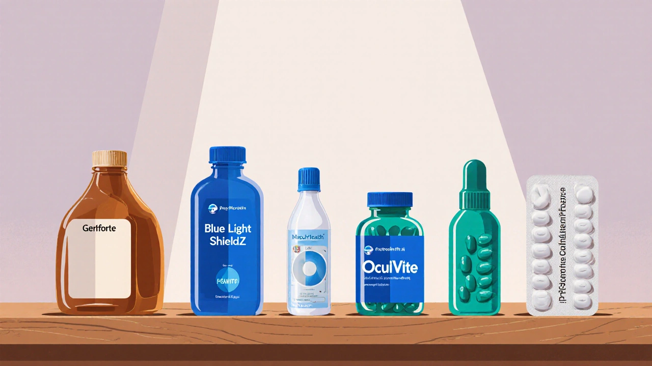 Flat‑lay of six eye‑health supplements showing different forms and colors.