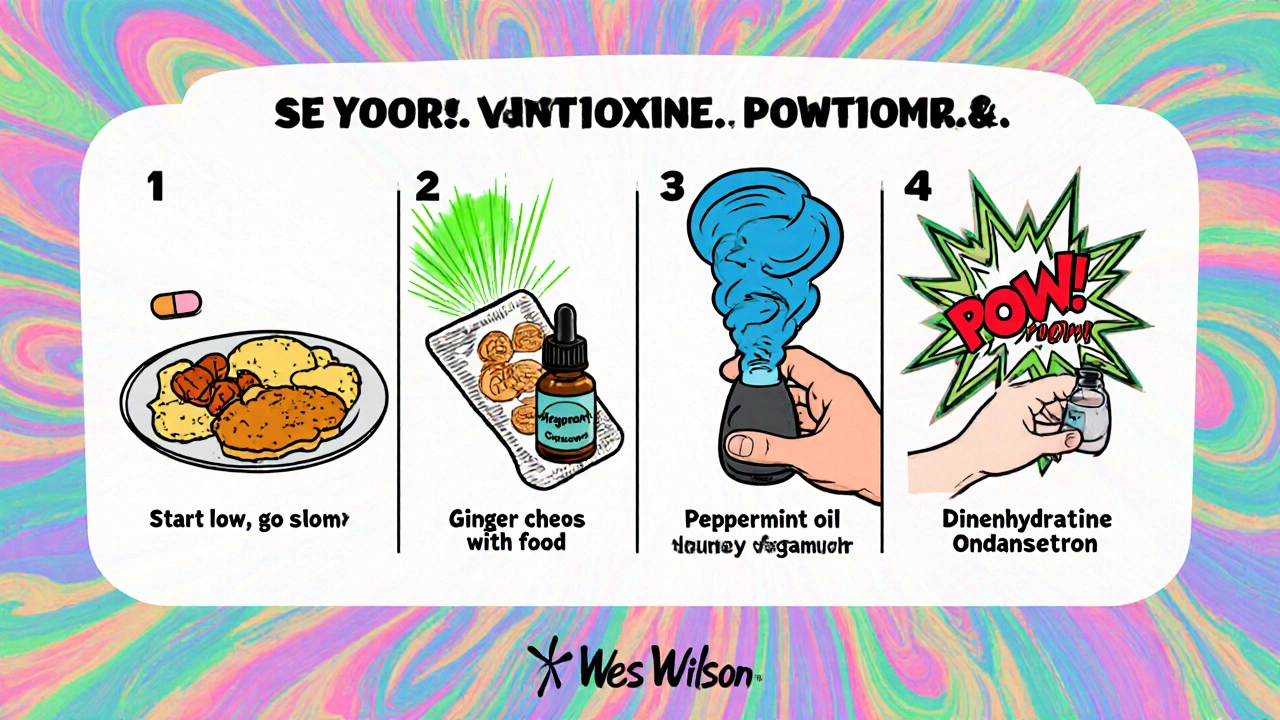 Four cartoon panels show low-dose pill with food, ginger supplement, peppermint diffuser, and anti‑nausea meds.