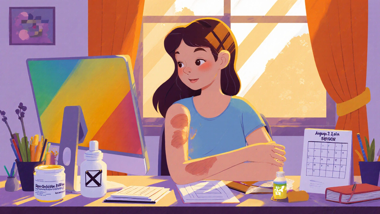 Graphic designer Sarah smiles at her healed forearm, with moisturizer and calendar nearby.