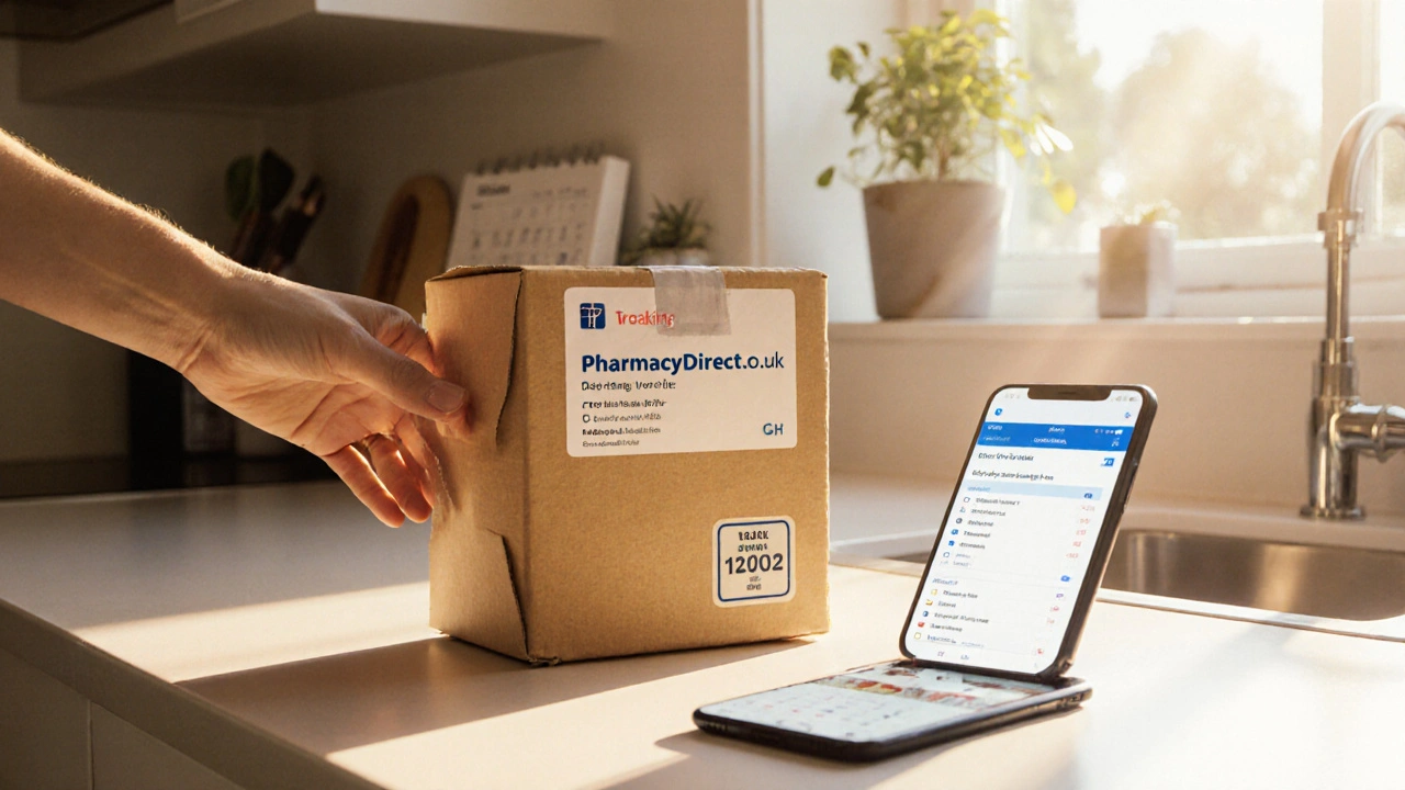 Hand holding a sealed parcel labeled PharmacyDirect.co.uk, phone nearby displaying tracking info.