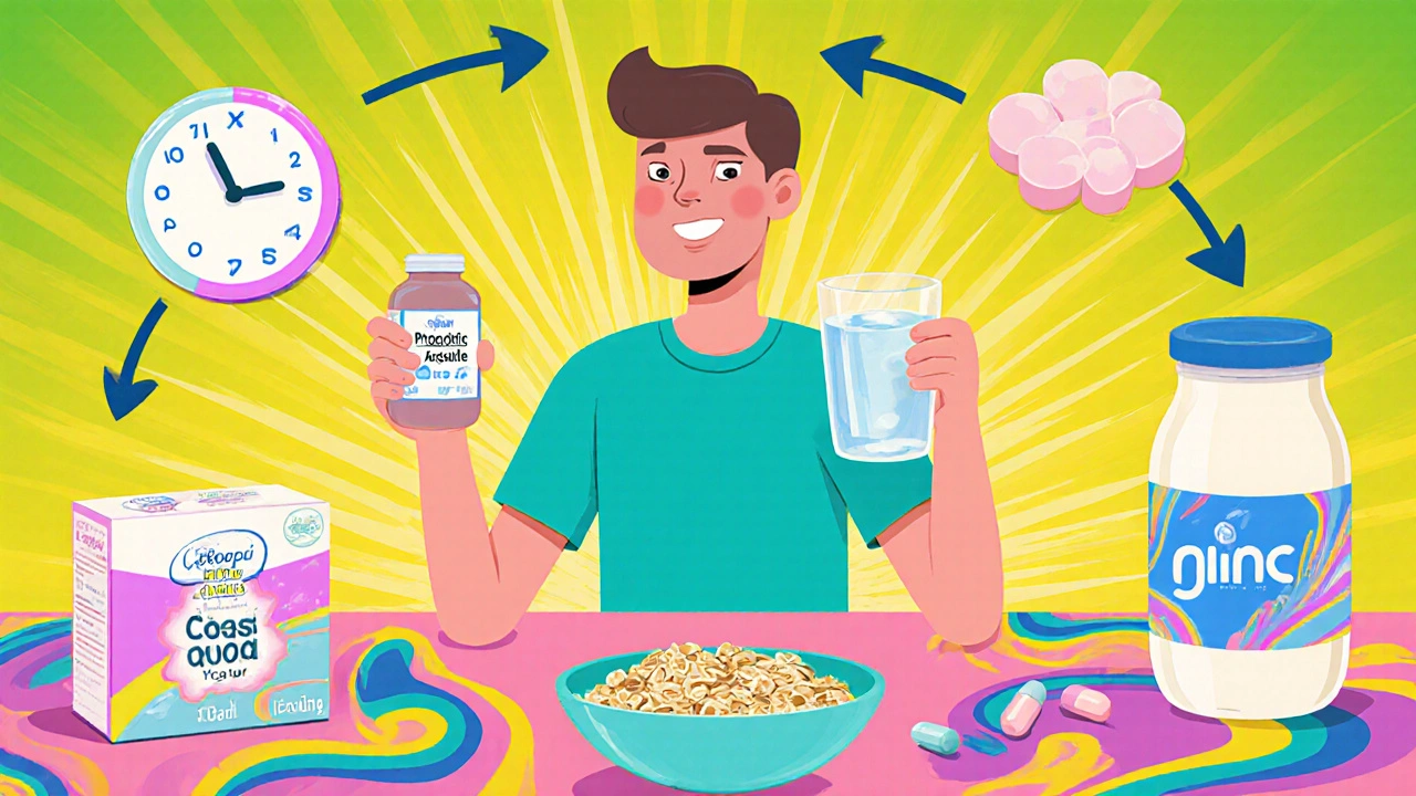 Kitchen scene with water, pill, probiotics, fiber foods, and timing arrows for gut health.