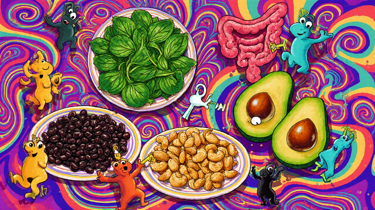 Kitchen with magnesium-rich foods, enzymes, gut waves, and microbes.