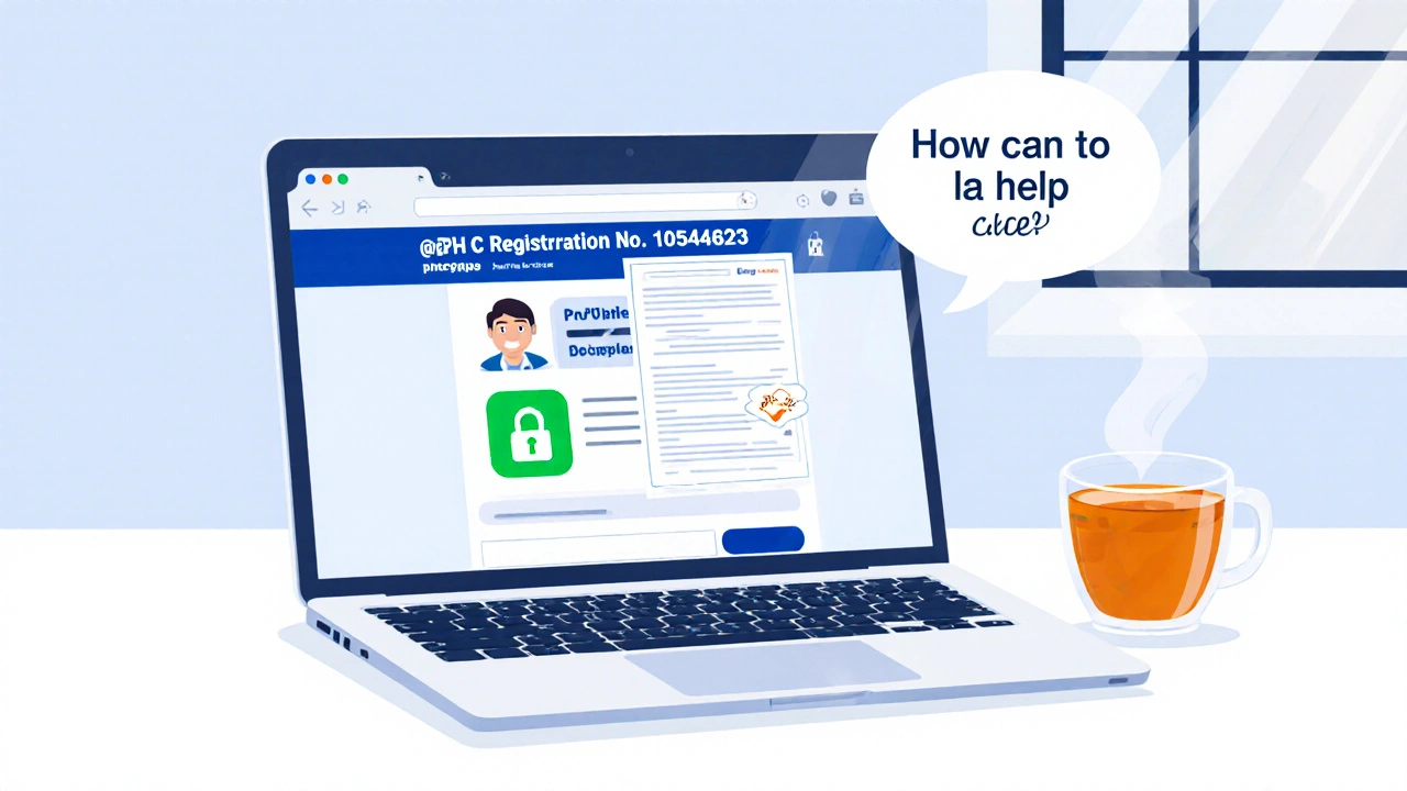 Laptop screen showing a secure pharmacy website with GPhC number and chat icon, beside a cup of tea.