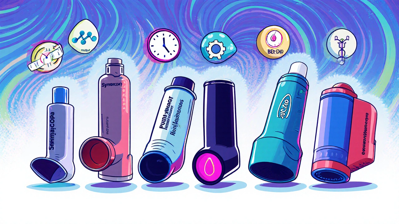 Lineup of six different inhalers with visual icons for dose and device.