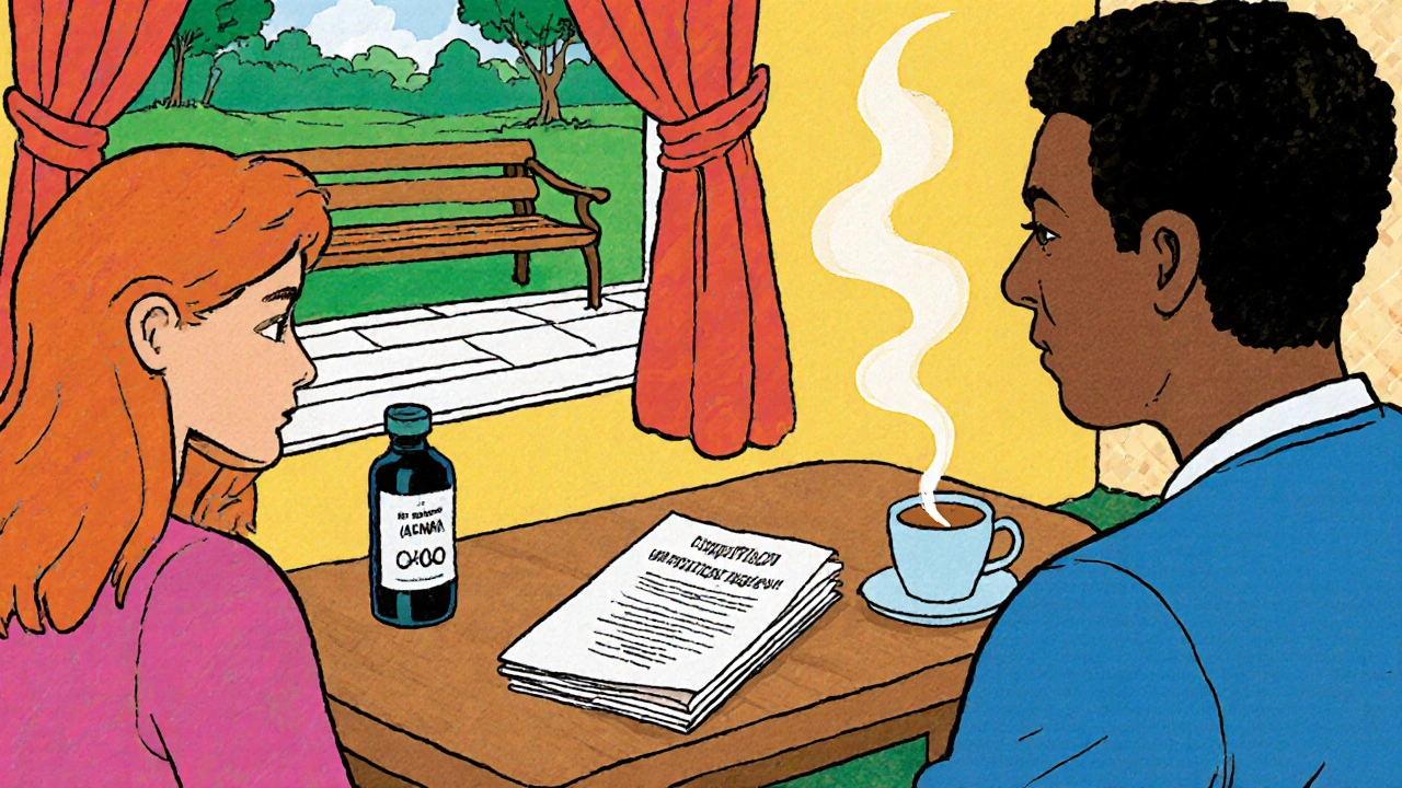 Living room table with pamphlet, antibiotics, and tea; couple prepared for a talk.