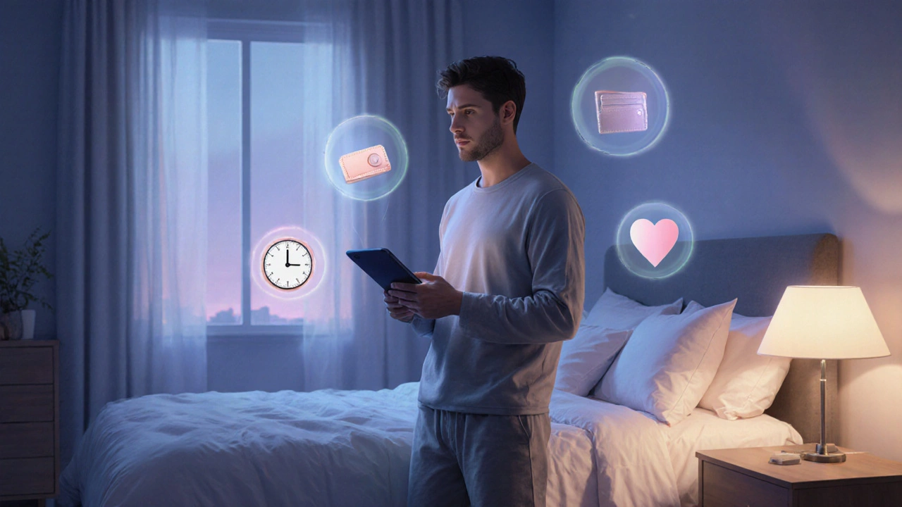 Man in a bedroom contemplating a medication with faint icons for time, cost, and health.