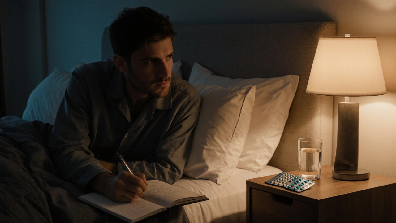 Man reviewing a notebook beside a Fildena blister pack in a softly lit bedroom.