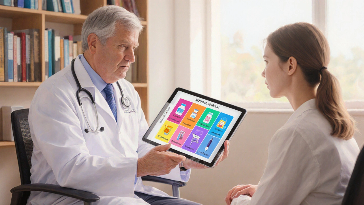 Neurologist and patient reviewing drug comparison icons on a tablet.