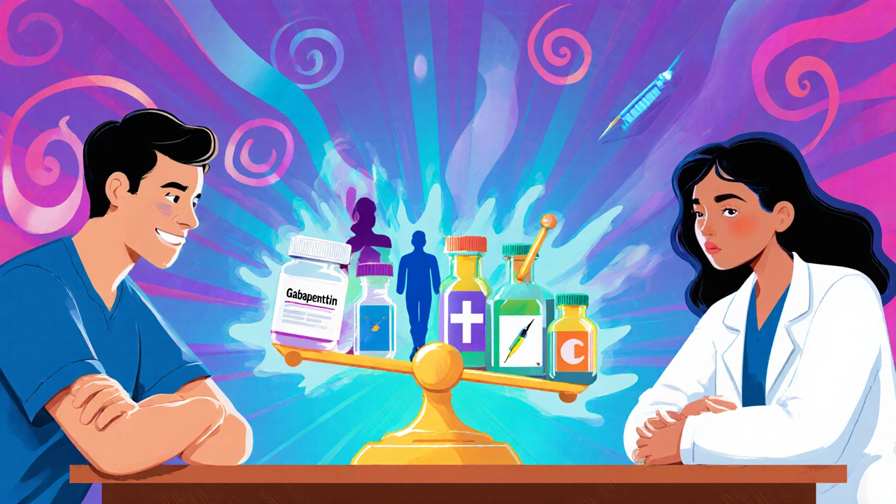 Patient and doctor weigh gabapentin against alternative treatments on a glowing scale amid vibrant, swirling background.