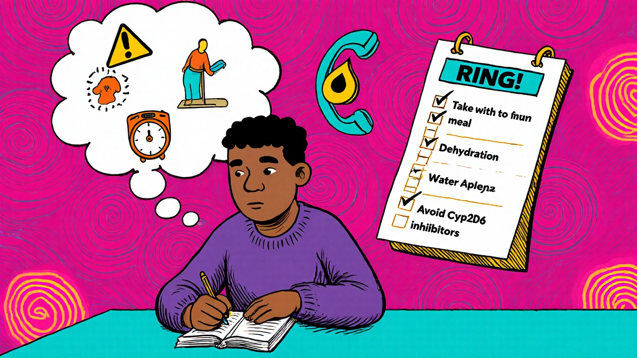 Patient writes in a diary with warning icons and a phone ringing, surrounded by a floating checklist.