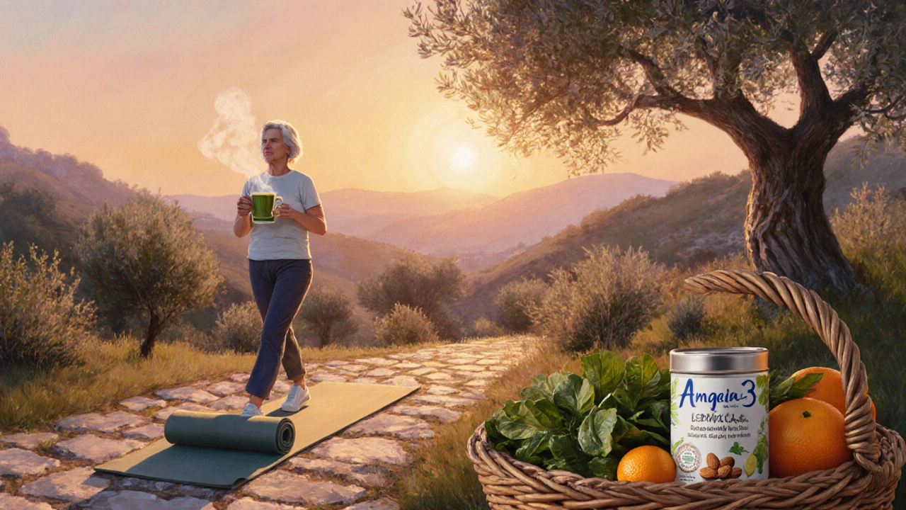 Person walking and doing yoga in a garden surrounded by healthy foods.