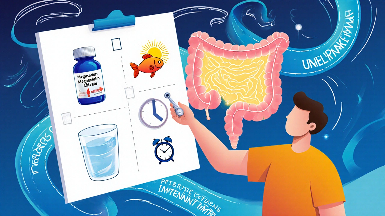 Person with floating health checklist: supplement, sun, yogurt, clock.