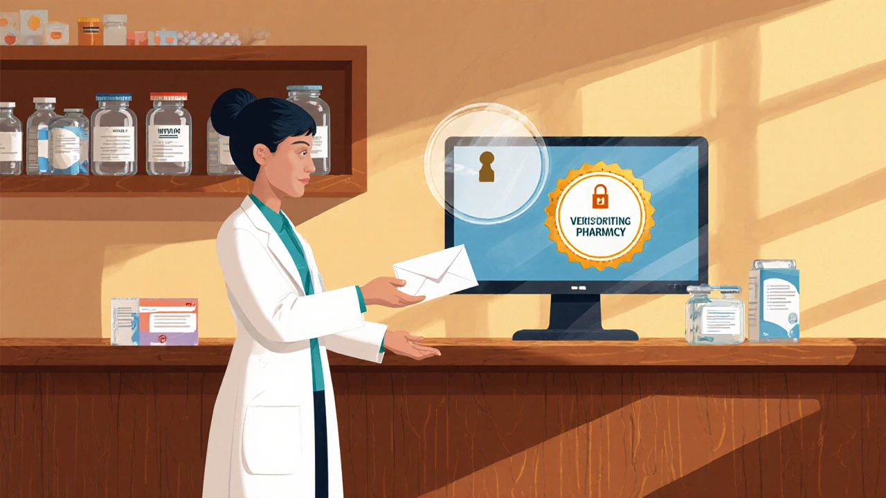Pharmacist in a pharmacy office verifying a prescription beside medication bottles.