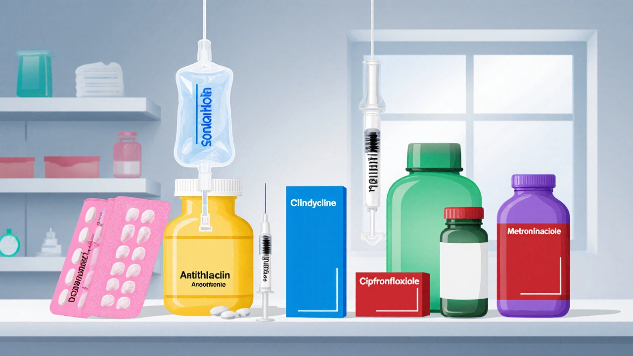 Pharmacy shelf displaying assorted antibiotic packages in various colors.