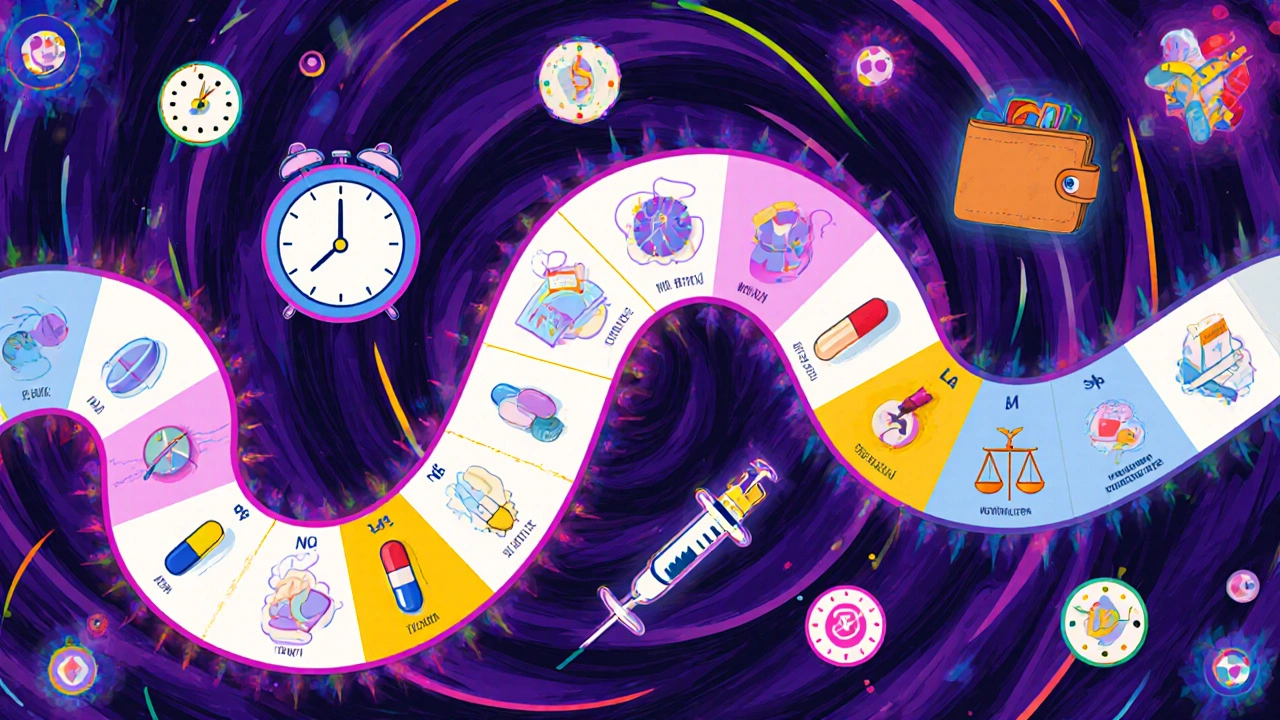 Psychedelic ribbon chart displays various neuropathic pain drugs with icons for efficacy, onset, side effects, dosing, and cost.