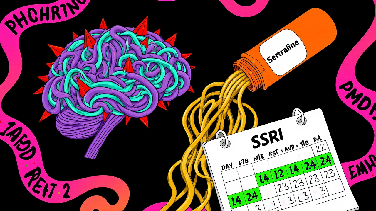 Psychedelic scene showing a brain with tangled serotonin ribbons calmed by golden sertraline ribbons and a highlighted calendar.
