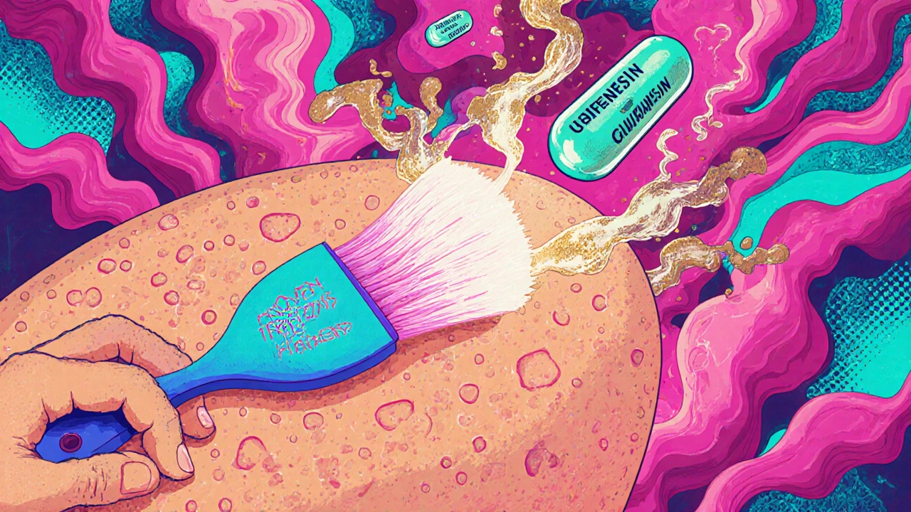 Rough skin being smoothed by a glowing brush while guaifenesin pills dissolve into abstract swirls in vibrant 1960s psychedelic colors.