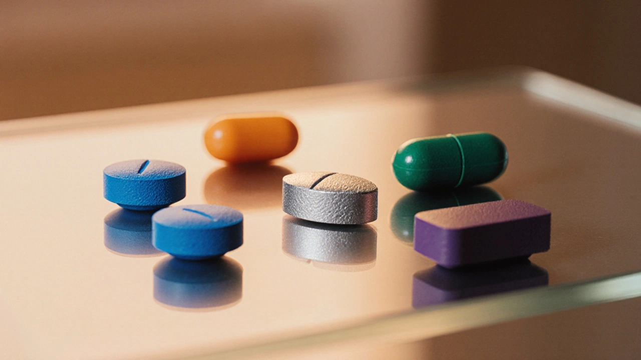 Row of various erectile‑dysfunction pills displayed on a pharmacy counter.