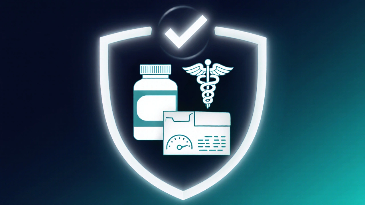 Shield composed of pill bottle, shipping box, and medical symbol representing safety.