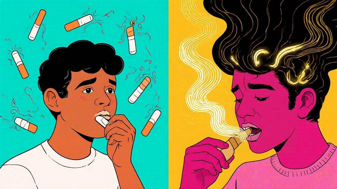 Side-by-side: nicotine gum vs. varenicline, one causing stress, the other bringing calm with glowing brain light.