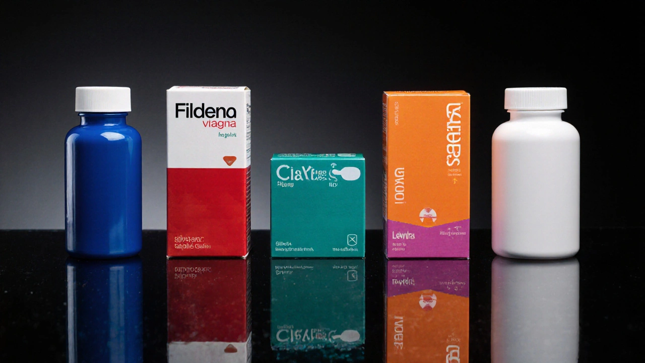 Six different ED medication bottles arranged on a black reflective surface.