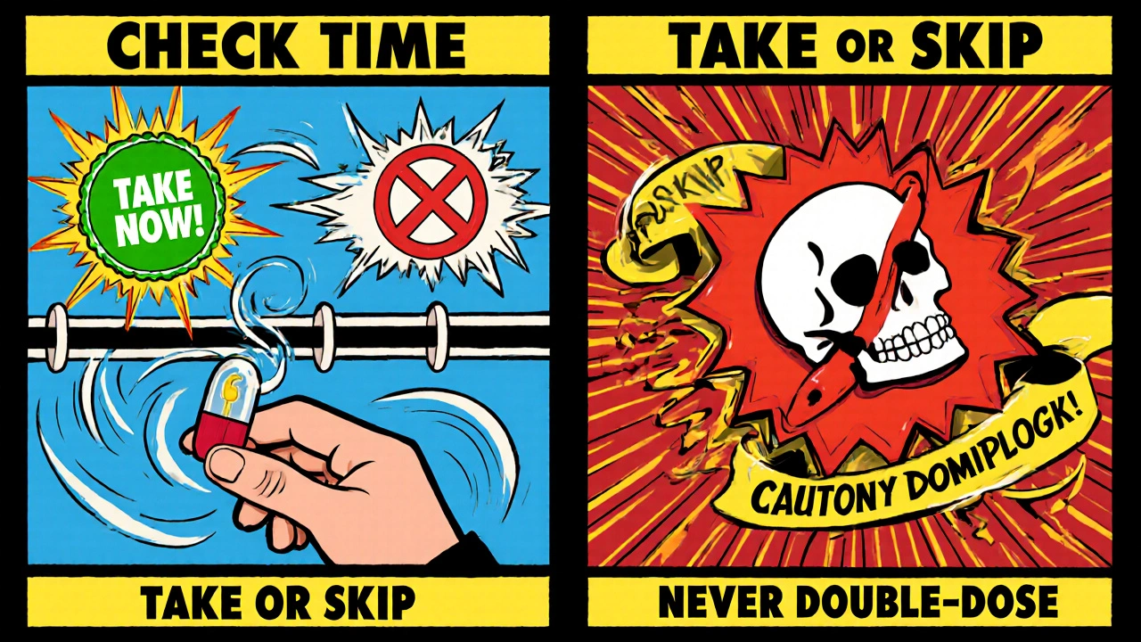 Split panel showing take‑now vs skip‑dose decisions for missed anticoagulant.