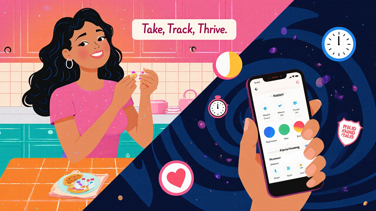 Split scene of a woman taking a pill with a snack and using a phone app to track her cycle, surrounded by reminder icons.