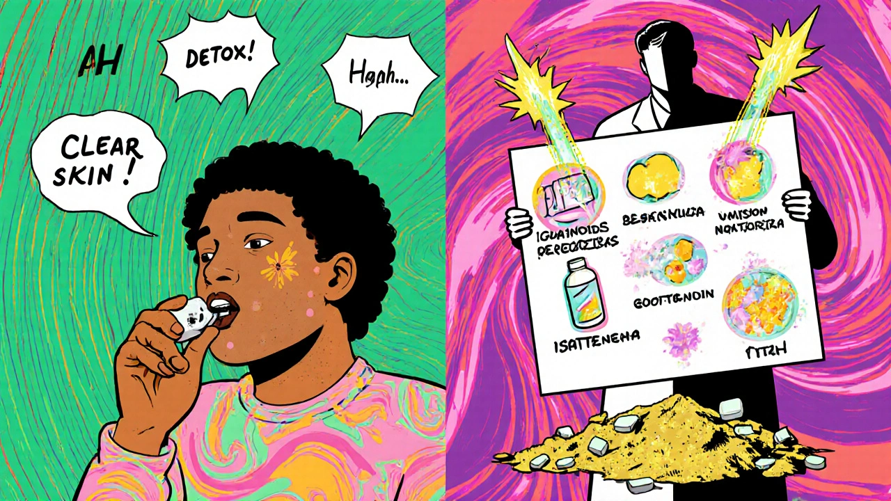 Split scene: one side shows guaifenesin pills with myth bubbles, the other shows proven acne treatments as glowing solutions in psychedelic style.