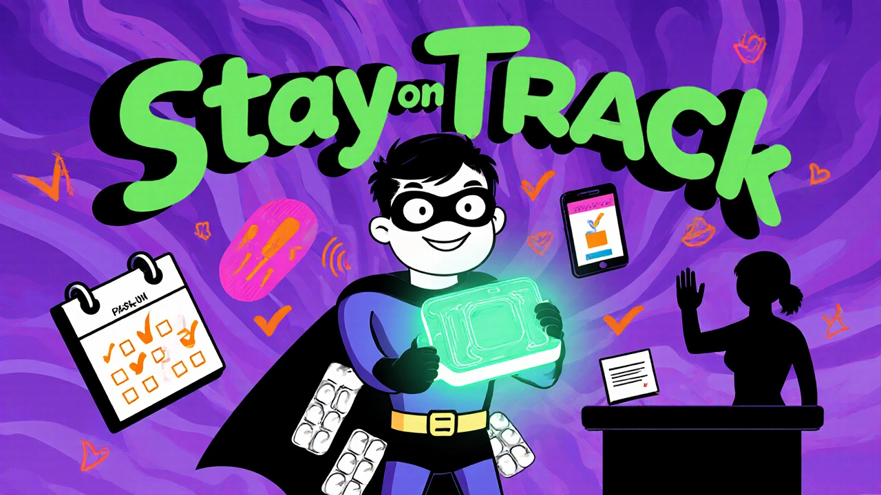 Superhero with pill box surrounded by alarms, calendar, and family support tools.